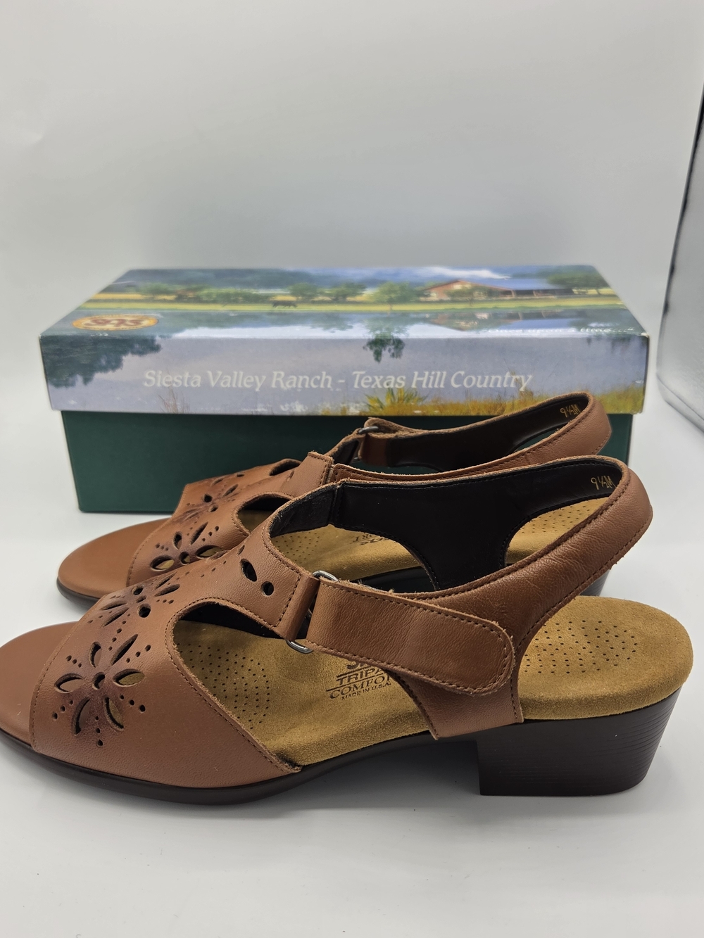 SAS Sunburst Chestnut Brown Leather Sandals Adjustable Straps Womens Size 9.5 M